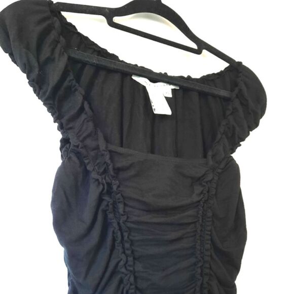 Max Studio Cap Sleeve Square Neck Ruched Ruffle Top Black - Picture 1 of 16